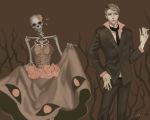  1boy alternate_costume cheba cigarette dress formal highres jojo_no_kimyou_na_bouken muted_color prosciutto scarf signature skeleton suit 