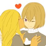  1boy 1girl blonde_hair brown_hair cheek_kiss einamu heart hetero inazuma_eleven_(series) inazuma_eleven_go inazuma_eleven_go_chrono_stone kiss long_hair one_eye_closed protocol_omega reiza sekina simple_background smile violet_eyes white_background wink 