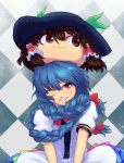  1girl alternate_hairstyle blue_hair bow braid don9899 food fruit hair_bow hakurei_reimu hat hinanawi_tenshi long_hair red_eyes smile touhou yukkuri_shiteitte_ne 