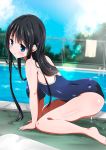  1girl all_fours barefoot black_hair blue_eyes blush breasts fence ladder large_breasts lens_flare long_hair one-piece_swimsuit open_mouth original pool ragho_no_erika sky solo swimsuit wet 