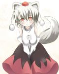  1girl :3 animal_ears bare_shoulders blush breasts hat inubashiri_momiji looking_at_viewer non-nyo pom_pom_(clothes) red_eyes short_hair silver_hair smile solo tail tokin_hat touhou v_arms wolf_ears wolf_tail 