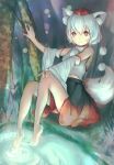  1girl 6980_(aaaaaadka) animal_ears bare_legs barefoot detached_sleeves expressionless fireflies forest grass hand_on_own_knee hat inubashiri_momiji looking_away nature pom_pom_(clothes) pond red_eyes sarashi short_hair sitting skirt skirt_set soaking_feet solo tail tokin_hat touhou white_hair wolf_ears wolf_tail 