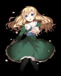  1girl arin_(fanfan013) black_background blonde_hair blue_eyes dress green_dress highres ib long_hair mary_(ib) outstretched_arm outstretched_hand solo 