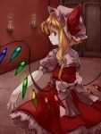  1girl akagashi_hagane blonde_hair bow candle crystal door flandre_scarlet hat hat_bow looking_at_viewer mob_cap outstretched_arm parted_lips ponytail profile puffy_sleeves ribbon shirt short_hair short_sleeves side_ponytail skirt skirt_set solo touhou vest wings 