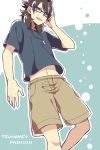  1boy bespectacled brown_hair english fudou_akio glasses inazuma_eleven_(series) inazuma_eleven_go jewelry long_hair male navel necklace open_mouth saku_anna solo 