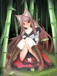  1girl animal_ears bamboo bamboo_forest bare_shoulders blush boots breasts brown_hair cleavage collarbone deviantart_thumbnail dress embarrassed fang forest highres imaizumi_kagerou jewelry legs long_hair looking_at_viewer nature no_nose red_eyes sitting solo tail tears touhou very_long_hair wavy_mouth wolf_ears wolf_tail 