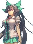  1girl arm_cannon black_hair bow breasts green_skirt hair_bow highres large_breasts long_hair red_eyes reiuji_utsuho simple_background sketch skirt solo temmasa22 touhou weapon white_background 
