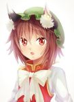  1girl animal_ears bow brown_eyes brown_hair bust cat_ears cat_tail chen dress ear_piercing ibarashiro_natou jewelry looking_at_viewer mob_cap multiple_tails open_mouth piercing red_dress shirt single_earring solo tail touhou 