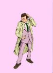 1boy absurdres brown_eyes brown_hair cigar columbo_(detective) curly_hair formal furrowed_brow hand_on_head hand_on_hip highres male necktie raincoat simple_background standing suit 