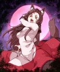  1girl akagashi_hagane angry animal_ears brown_hair dress fangs full_moon imaizumi_kagerou long_hair long_sleeves looking_down moon night open_mouth red_eyes red_moon solo tail touhou wolf_ears wolf_tail 
