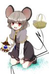  1girl ameyu animal animal_ears basket bishamonten&#039;s_pagoda capelet dowsing_rod grey_hair jewelry kneeling long_sleeves mouse mouse_ears mouse_tail nazrin necklace open_mouth red_eyes shirt short_hair simple_background skirt skirt_set smile solo tail touhou vest white_background 