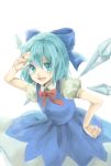  1girl blue_eyes blue_hair bow cirno dress hair_bow hand_on_forehead hand_on_hip highres looking_at_viewer open_mouth puffy_short_sleeves puffy_sleeves ribbon ritsuki_mino salute short_hair short_sleeves simple_background solo touhou white_background wings 