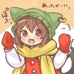  1girl adapted_costume alternate_headwear brown_eyes brown_hair bust chen ear_piercing fang hat hat_with_ears ibarashiro_natou jewelry looking_at_viewer mittens open_mouth piercing red_eyes scarf shirt single_earring smile solo touhou 