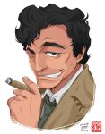  1boy cigar columbo_(detective) curly_hair necktie raincoat simple_background smile smirk 