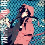  1girl alternate_costume asahina_hiyori black_hair chain-link_fence character_name hoodie kagerou_project looking_at_viewer paint paint_roller paint_splatter sky solo twintails 