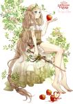  1girl aiha-deko apple bare_shoulders barefoot blood braid brown_hair copyright_name detached_sleeves food fruit idun_(norse_mythology) long_hair norse_mythology princess_royale solo sword very_long_hair weapon 