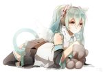  1girl 2014 absurdres animal_ears black_eyes cat_ears cat_tail dated detached_sleeves fang green_hair hatsune_miku headphones highres lying necktie paws shiimai skirt smile solo tail thigh-highs twintails vocaloid white_background wings 