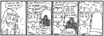  1girl 4koma comic dark_souls doll fang flying_sweatdrops knight long_hair monochrome playing priscilla_the_crossbreed setz souls_(from_software) surprised 