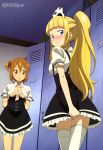  2girls absurdres anya_hepburn blonde_hair blush breasts brown_hair cleavage highres locker_room long_hair looking_back megami multiple_girls official_art ponytail short_hair side_ponytail skirt skirt_pull soul_eater soul_eater_not! tatane_meme tears very_long_hair 