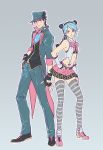  1boy 1girl adapted_costume black_hair blue_hair brother_and_sister double_bun highres jojo_no_kimyou_na_bouken kuujou_jolyne kuujou_jouta linjie long_coat multicolored_hair siblings striped striped_legwear thigh-highs two-tone_hair 