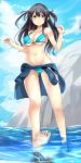  1girl barefoot bikini black_hair blue_bikini blush breasts brown_eyes cleavage clouds feet_in_water haik hands_up highres long_hair navel original rock sea_urchin sky soaking_feet solo swimsuit two_side_up water 