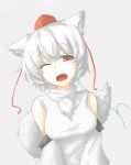  animal_ears bare_shoulders blush breasts detached_sleeves fang fingerless_gloves gloves hat highres inubashiri_momiji large_breasts looking_at_viewer one_eye_closed open_mouth pom_pom_(clothes) red_eyes shirt short_hair silver_hair tail tokin_hat touhou v_arms wink wolf_ears wolf_tail 