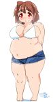  1girl ahoge arms_behind_back bikini_top blush breasts brown_hair denim denim_shorts eno_konoe eyebrows frown large_breasts mikomu navel original plump red_eyes ripped_jeans shorts signature solo thick_eyebrows thick_thighs thighs weight_conscious wet 