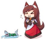  &gt;_&lt; 1girl animal animal_ears animalization blush brown_hair dress fish imaizumi_kagerou long_hair tail touhou trembling wakasagihime wakasagihime_(fish) water wolf_ears wolf_tail wool_(miwol) 