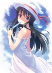  1girl black_hair blue_eyes character_request clouds dress hat hyuuga_azuri long_hair looking_at_viewer looking_back popsicle sky solo strap_slip sun_hat sundress sweat wind 