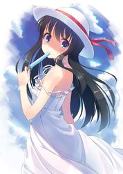  1girl black_hair blue_eyes character_request clouds dress hat hyuuga_azuri long_hair looking_at_viewer looking_back popsicle sky solo strap_slip sun_hat sundress sweat wind 