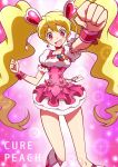  1girl arm_up blonde_hair boots character_name choker clenched_hand corset cure_peach fresh_precure! hair_ornament heart_hair_ornament knee_boots long_hair magical_girl momozono_love pink_background pink_eyes pink_skirt precure shirono skirt smile solo sparkle twintails wrist_cuffs 