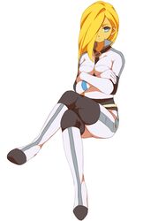  1girl blonde_hair blue_eyes bodysuit breasts cosplay crossed_arms crossed_legs hair_over_one_eye inazuma_eleven inazuma_eleven_(series) inazuma_eleven_go inazuma_eleven_go_chrono_stone large_breasts long_hair no_pupils reiza sekina sitting solo the_genesis urubida urubida_(cosplay) 