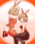  2girls a-ktoo aki_minoriko aki_shizuha alternate_costume animal_ears blonde_hair blush_stickers breasts bunny_tail bunnysuit covering covering_breasts elbow_gloves embarrassed food fruit gloves grapes hairband highres kneeling looking_at_viewer lying multiple_girls off_shoulder on_side pantyhose rabbit_ears red_clothes red_legwear seiza short_hair sitting small_breasts tail tears thigh-highs touhou 