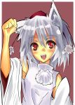  1girl animal_ears arm_up bare_shoulders blush detached_sleeves hat inubashiri_momiji looking_at_viewer open_mouth pom_pom_(clothes) red_eyes short_hair silver_hair smile solo tokin_hat touhou wolf_ears 