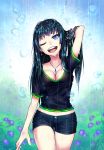  1girl ;d black_hair blue_eyes breasts cleavage earrings field flower flower_field highres jewelry navel necklace one_eye_closed open_mouth original rain samael_(5211) short_shorts shorts smile solo t-shirt thigh_gap wet wet_clothes wet_hair wink 