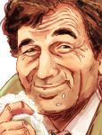  1boy brown_hair columbo_(detective) curly_hair eating food food_on_face furrowed_brow highres onigiri rice_on_face simple_background smile 