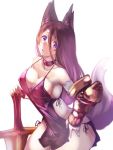  1girl animal_ears armor black_dress breasts brown_hair choker cleavage dress fox_ears fox_tail hair_between_eyes hand_on_hip leaning_forward looking_at_viewer open_mouth original short_dress simple_background solo sumisu_(mondo) sword tail violet_eyes weapon white_background 