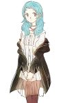  alternate_hairstyle aqua_hair dress hands_clasped jacket jewelry long_hair looking_at_viewer necklace pantyhose persona persona_3 persona_4:_the_ultimate_in_mayonaka_arena smile solo sutei_(giru) yamagishi_fuuka 