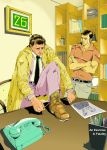  2boys absurdres bookshelf boots brown_hair columbo_(detective) crossed_arms formal highres multiple_boys necktie photo_(object) polo_shirt raincoat suit tying_shoes 