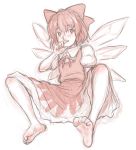  1girl barefoot blush bow cirno dress hair_bow highres ice ice_wings kuro_suto_sukii looking_at_viewer puffy_short_sleeves puffy_sleeves rough shirt short_sleeves sitting solo spread_legs touhou wings 