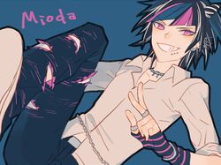  1boy black_hair blue_hair character_name dangan_ronpa genderswap grin io_(sinking=carousel) jewelry male mioda_ibuki multicolored_hair necklace piercing pink_eyes pink_hair smile solo super_dangan_ronpa_2 white_hair 