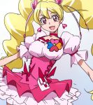  1girl blonde_hair choker cure_peach earrings fresh_precure! frilled_skirt frills heart heart_earrings jewelry long_hair looking_at_viewer magical_girl manji_(tenketsu) momozono_love open_mouth pink_eyes pink_skirt precure skirt smile solo twintails 