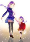  2girls anco_(melon85) aqua_eyes black_legwear braid child dual_persona feathers long_hair love_live!_school_idol_project low_twintails multiple_girls open_mouth purple_hair randoseru school_uniform skirt smile thighhighs toujou_nozomi twin_braids twintails young 