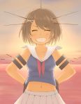  1girl breasts brown_eyes closed_eyes facing_viewer grin hands_on_hips hasai_(mekkan) kantai_collection maya_(kantai_collection) navel short_hair smile solo sunset 