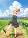  1girl alternate_costume armpits bare_arms bare_shoulders black_dress blonde_hair blue_sky clouds collarbone dress fence hair_ribbon landscape mountain no_socks open_mouth oukatihiro outstretched_arms path power_lines red_eyes ribbon rice_paddy road rumia sky smile solo sundress touhou 