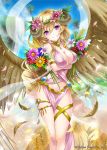  1girl blonde_hair braid breasts cleavage flower hair_flower hair_ornament head_wreath horns long_hair original single_braid smile solo tagme violet_eyes wings yoshino35 