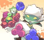  :&gt; blue_rose blush budew closed_eyes crepix flower holding looking_at_viewer no_humans open_mouth pokemon pokemon_(creature) red_rose rose roselia roserade smile standing 