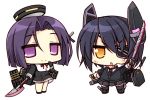  2girls :&lt; blush chibi eyepatch gloves headgear kantai_collection mechanical_halo multiple_girls naturalton open_mouth purple_hair school_uniform short_hair simple_background skirt smile sword tatsuta_(kantai_collection) tenryuu_(kantai_collection) thigh-highs triangle_mouth turret violet_eyes weapon white_background yellow_eyes 