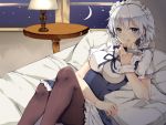  1girl apron between_fingers black_legwear blue_dress breasts dress grey_eyes izayoi_sakuya knife lamp large_breasts licking_lips looking_at_viewer lying maid maid_headdress moon night on_back on_bed pantyhose pillow puffy_short_sleeves puffy_sleeves rinarisa shirt short_sleeves silver_hair solo table touhou waist_apron window 