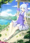  1girl adapted_costume arm_garter arm_support bare_legs blue_eyes blue_hair blue_nails blue_sky bow building cirno clouds dress fan fingernails hair_bow knee_up lake leaf looking_at_viewer mountain nail_polish no_socks paper_fan platform reclining sandals shoreline short_hair sky sleeveless sleeveless_dress smile solo sonikey0_0 toenail_polish toenails touhou tree wings wrist_cuffs 